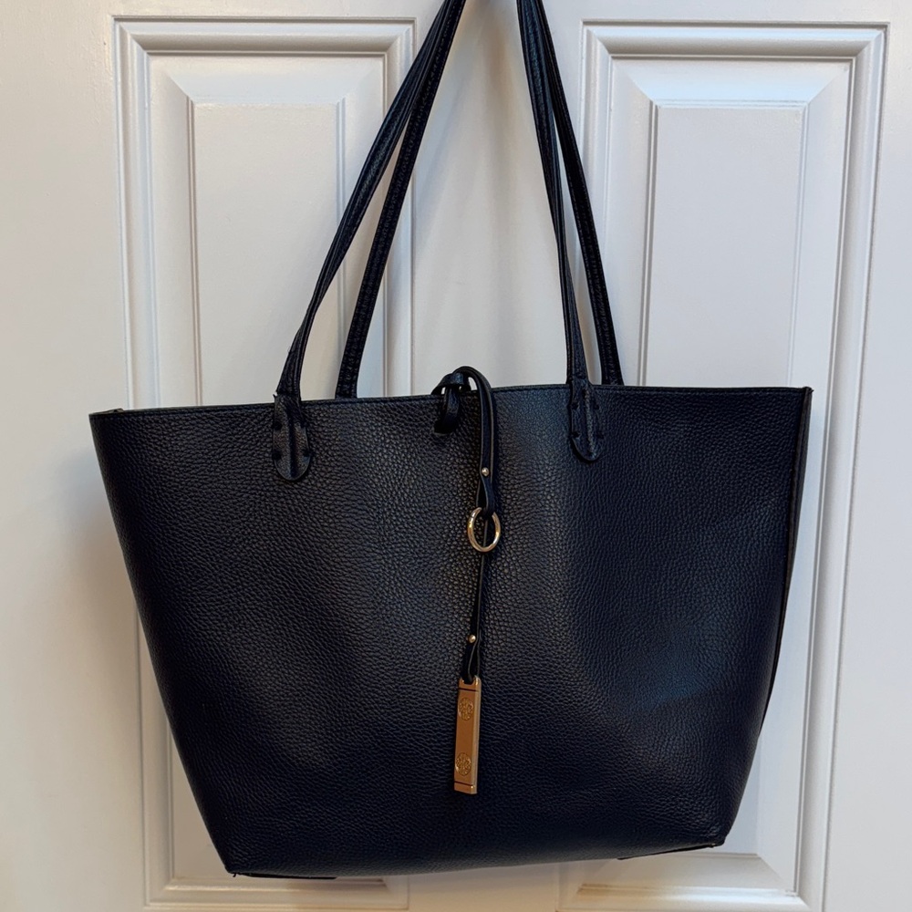 REVERSIBLE Bella of Cape Cod Taupe and Navy Leather Tote Bag with Navy Straps - Picture 3 of 15